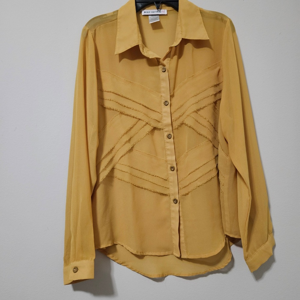 Body Central Mustard Yellow Chiffon Frayed Chevron Button Up Blouse Large J2011J